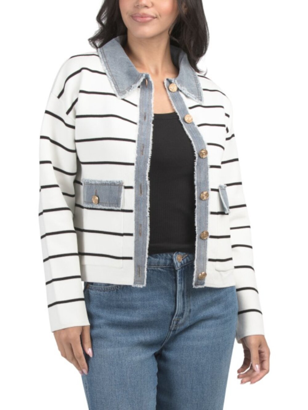 CALYPSO ST. BARTH Striped Sweater Style Jacket With Denim Accents